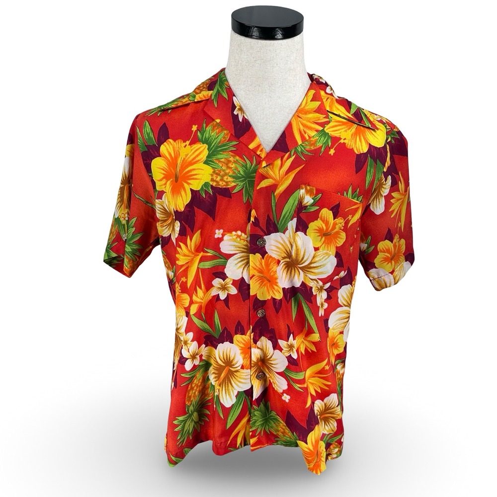 Vintage Made in Hawaii Mens Aloha Shirt Red Floral Pineapple Medium 60s 70s